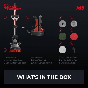 MotorScrubber M3 Kit (formerly MS2000) - original motorscrubber extension cleaning tool comes with charger, battery backpack, medium duty brush, pad holder (drive board) 1 each red, green, white pad, and microfibre pad